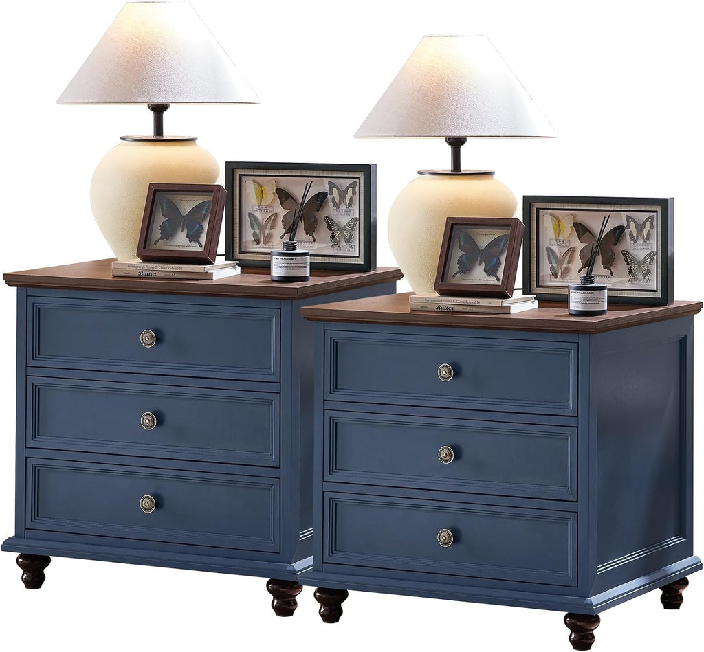 Joaxswe 24' Wide Farmhouse Night Stand Set of 2,Large End Table with 3 Drawers & Metal Handle,Blue Wood Dresser for Bedroom Cabinet, Bed Side Table Chest of Drawers,Nightstand for Living Room,Closet