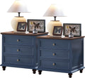 Joaxswe 24' Wide Farmhouse Night Stand Set of 2,Large End Table with 3 Drawers & Metal Handle,Blue Wood Dresser for Bedroom Cabinet, Bed Side Table Chest of Drawers,Nightstand for Living Room,Closet