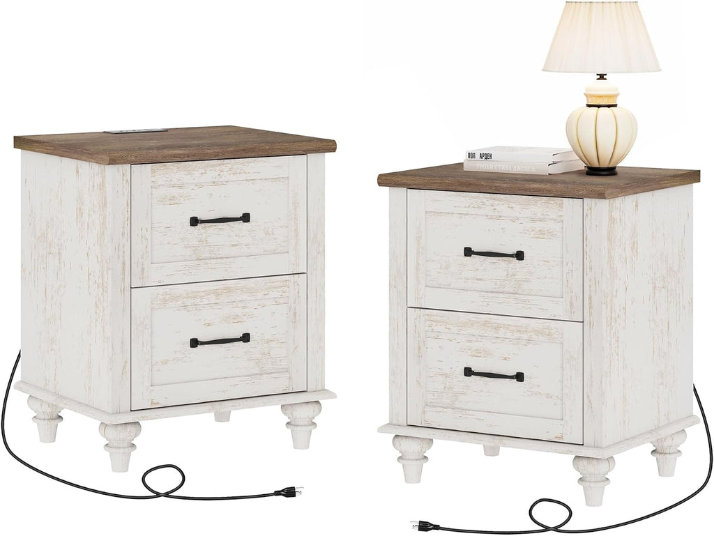 WAMPAT Night Stands for Bedrooms Set of 2 End Tables with Charging Station, 2 Drawer Nightstand Wood Bedside Table, Farmhouse Side Table for Living Room & Study, Antique White