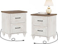 WAMPAT Night Stands for Bedrooms Set of 2 End Tables with Charging Station, 2 Drawer Nightstand Wood Bedside Table, Farmhouse Side Table for Living Room & Study, Antique White