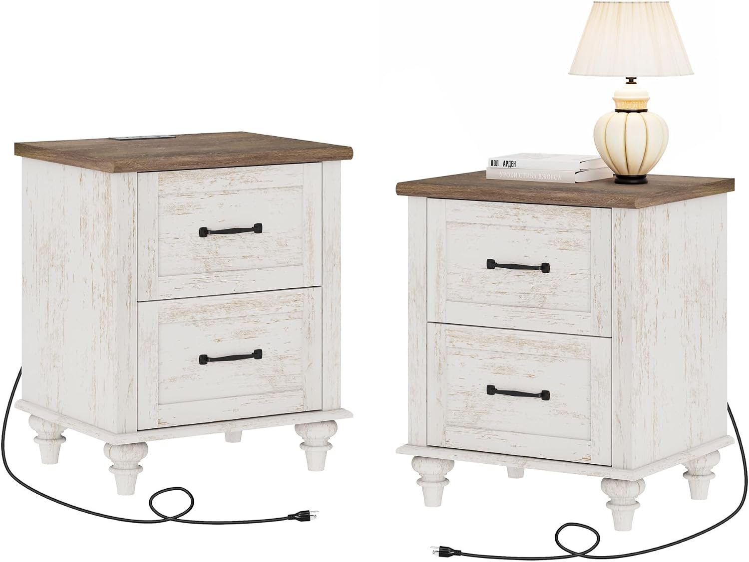 WAMPAT Night Stands for Bedrooms Set of 2 End Tables with Charging Station, 2 Drawer Nightstand Wood Bedside Table, Farmhouse Side Table for Living Room & Study, Antique White