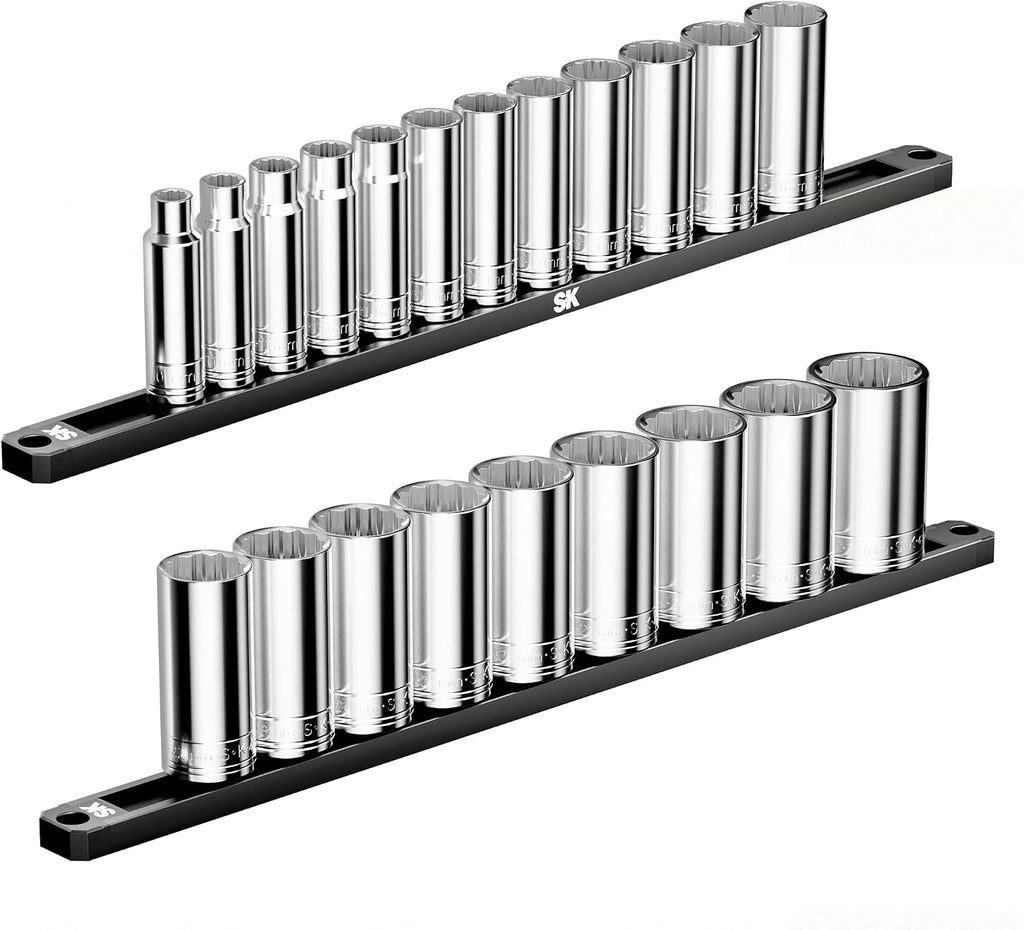SK Tools USA 1/2' Drive Socket Set, Deep Metric Sockets, 21-Piece 10-32mm, SuperKrome Finish, Premium CR-V Construction, 12 Point, with Storage Rail