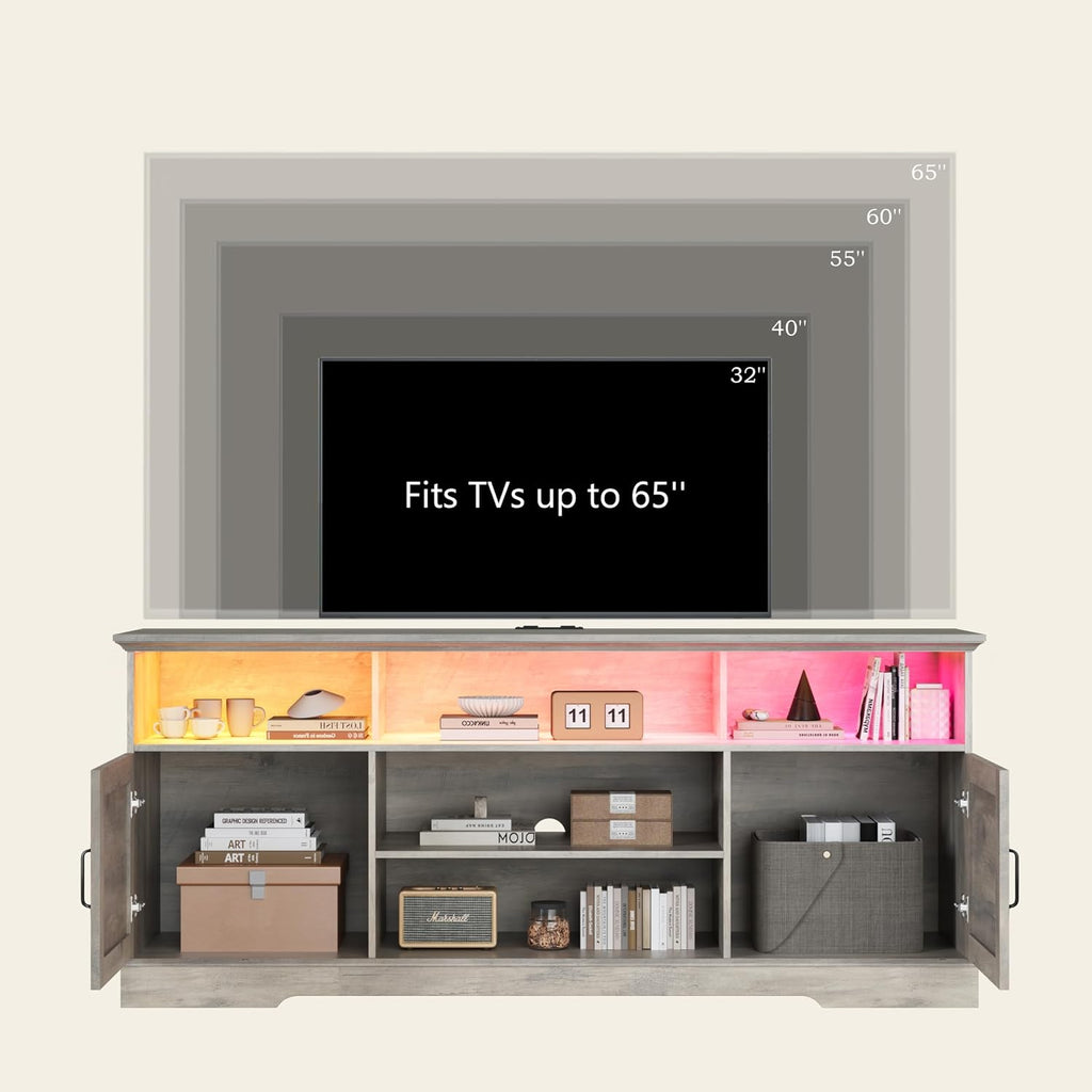 Wodeer Grey TV Stand for TVs up to 65 Inches, 59'' Farmhouse Entertainment Center with Storage Cabinet, Adjustable Shelf and Power Outlet, LED TV Stands for Living Room, Bedroom