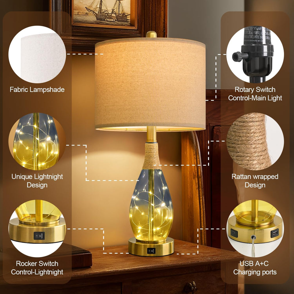 OYEARS 23' Table Lamps for Living Room Set of 2,Bedside Lamps for Night Stands, Rattan Lamps for Bedroom,Farmhouse Lamps with Glass Nightlight,Two Light Points