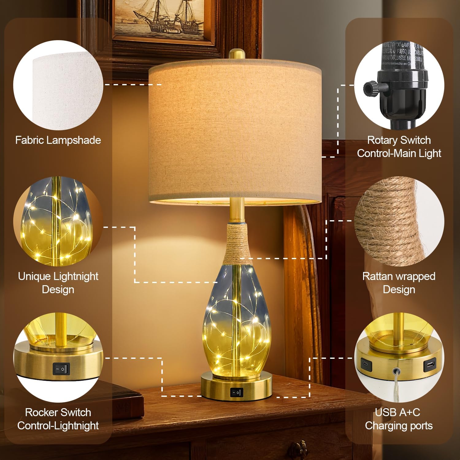 OYEARS 23' Table Lamps for Living Room Set of 2,Bedside Lamps for Night Stands, Rattan Lamps for Bedroom,Farmhouse Lamps with Glass Nightlight,Two Light Points