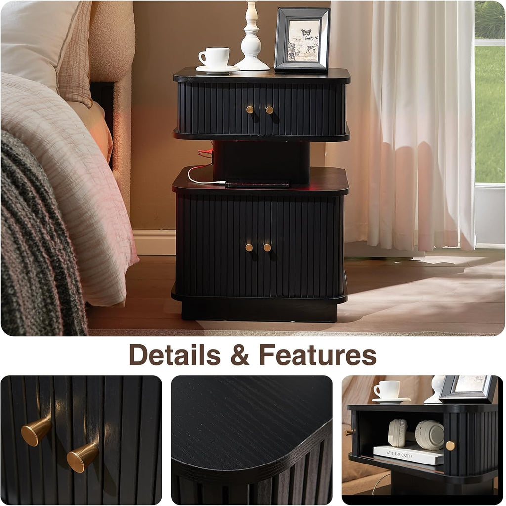Set of 2 LED Light End Table with Charging Station, Black Mid Century Bedside Table with USB Type A C Ports, Small Fluted Accent TV Control Nightstand with Sliding Door for Living Room, Curvy Edge