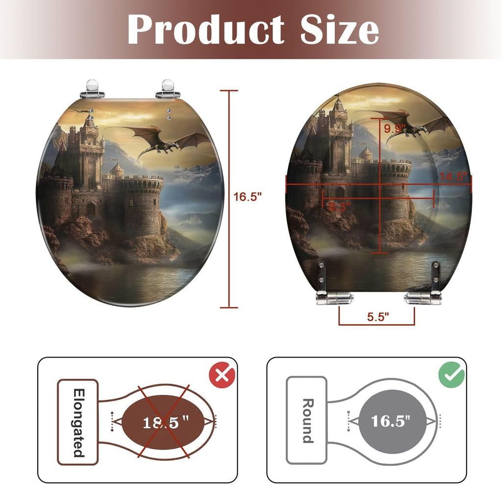 Round Toilet Seat Fantasy castle dragon Resin Toilet Seat Slow Quiet Close Lid with Quick-Release Hinges Cover Bumpers Easy to Clean Install
