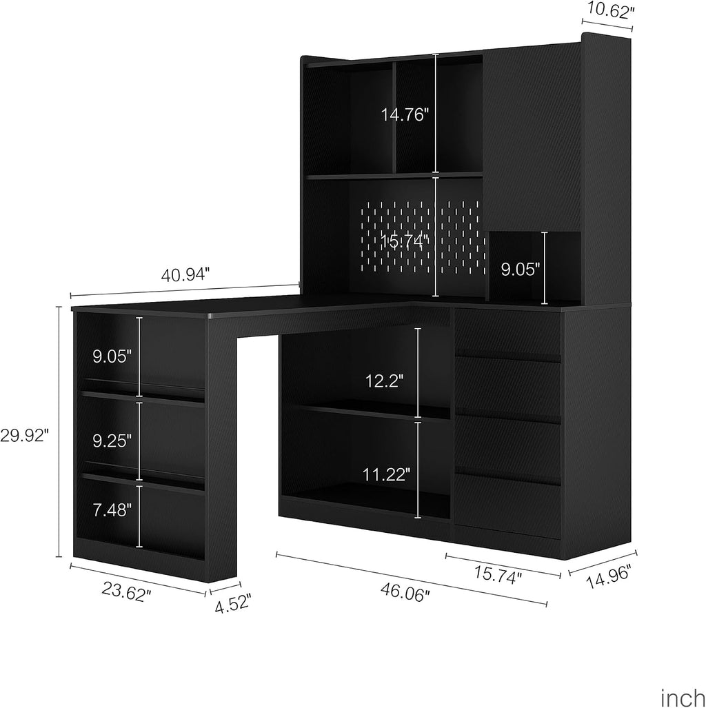 L Shaped Desk, Home Office Corner Desk with Hutch & Drawers and Bookshelf, Modern Study Table Writing Desk with LED Light, Gaming Computer Desk with Storage (Black-48)