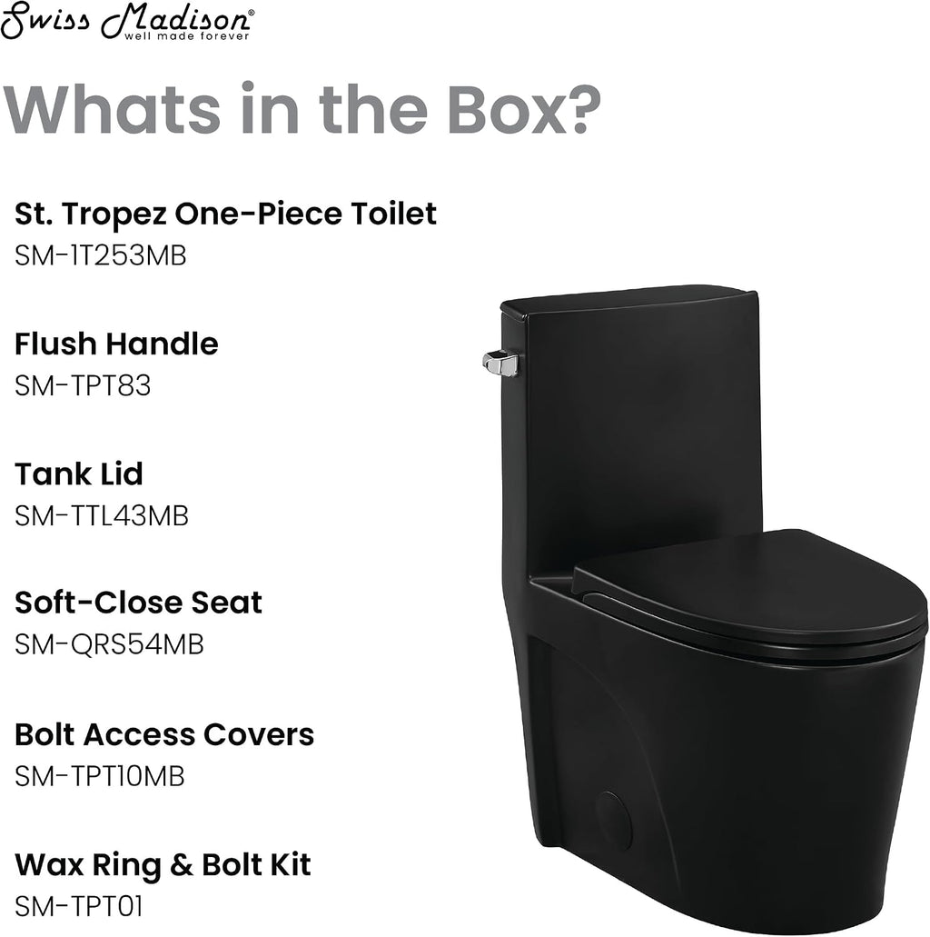 St. Tropez One-Piece Elongated Toilet Left Side Vortex Flush Handle in Matte Black 1.28 gpf