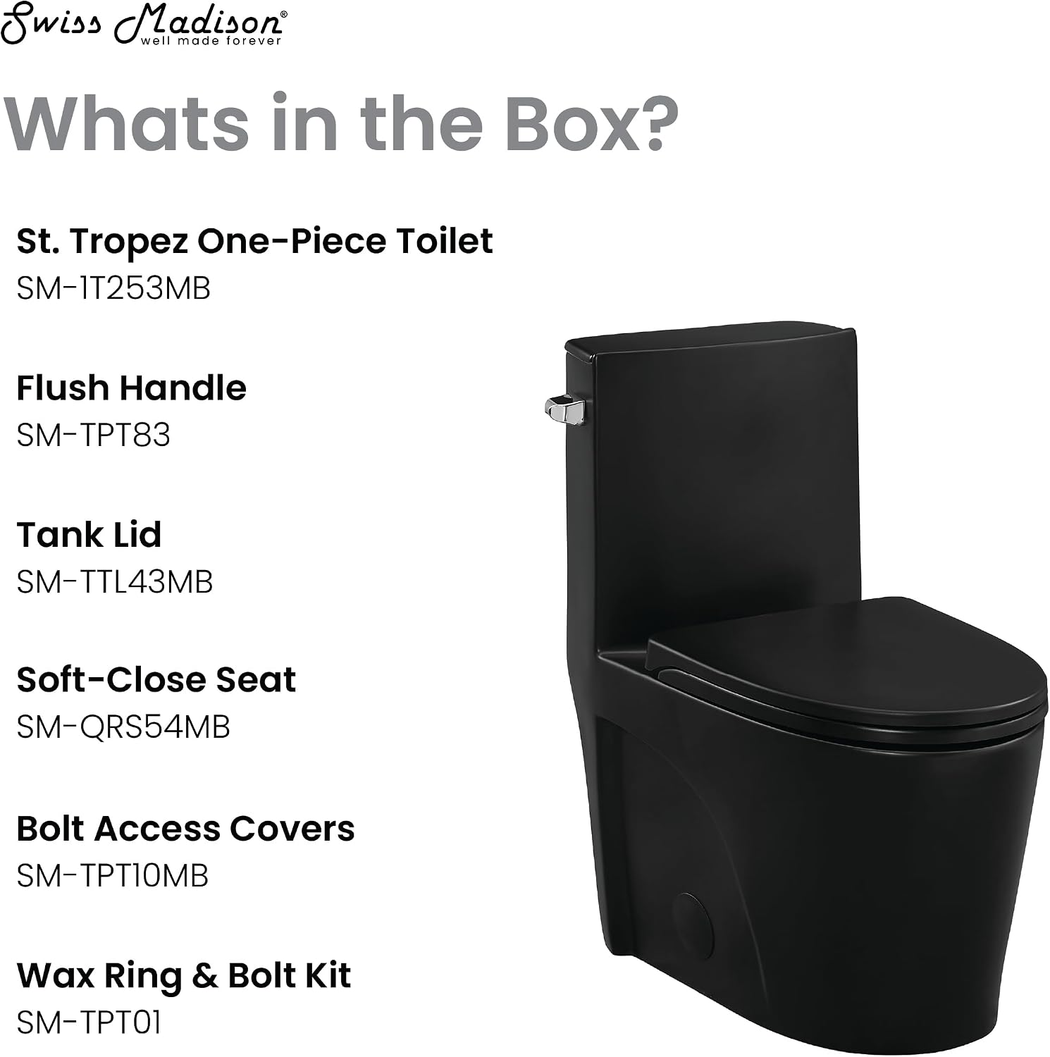 St. Tropez One-Piece Elongated Toilet Left Side Vortex Flush Handle in Matte Black 1.28 gpf
