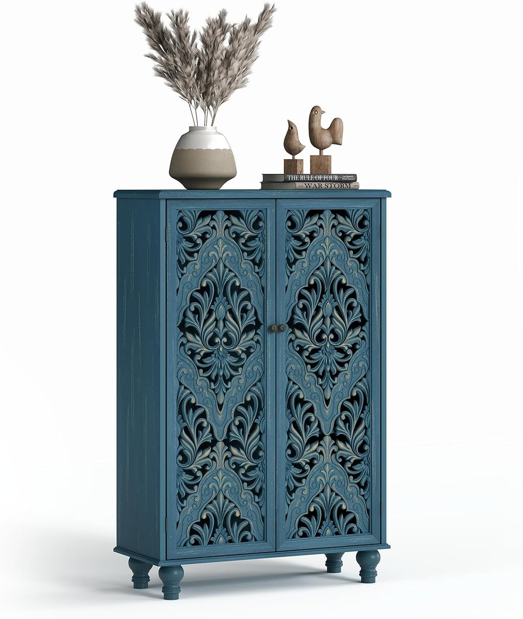 JOINICE 47' Tall Accent Cabinet with Navy Blue Mandala Carved Doors, Solid Wood Legs Storage Cabinet with 100 lbs Capacity, Boho Farmhouse Sideboard Buffet for Entryway, Living Room & Coffee Bar