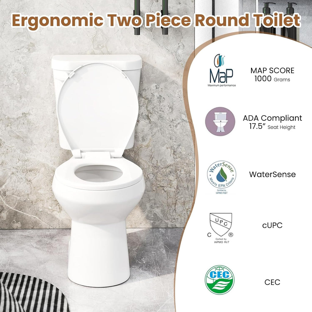 Giantex Two Piece Toilets with 17.5' ADA Comfort Height Seat, 360° Siphon Powerful Flush, 1.28 GPF, MAP 1000g, Soft Close Seat, 12' Rough-In, Water Sense, cUPC, CEC Approved, 880 Lbs Toilet