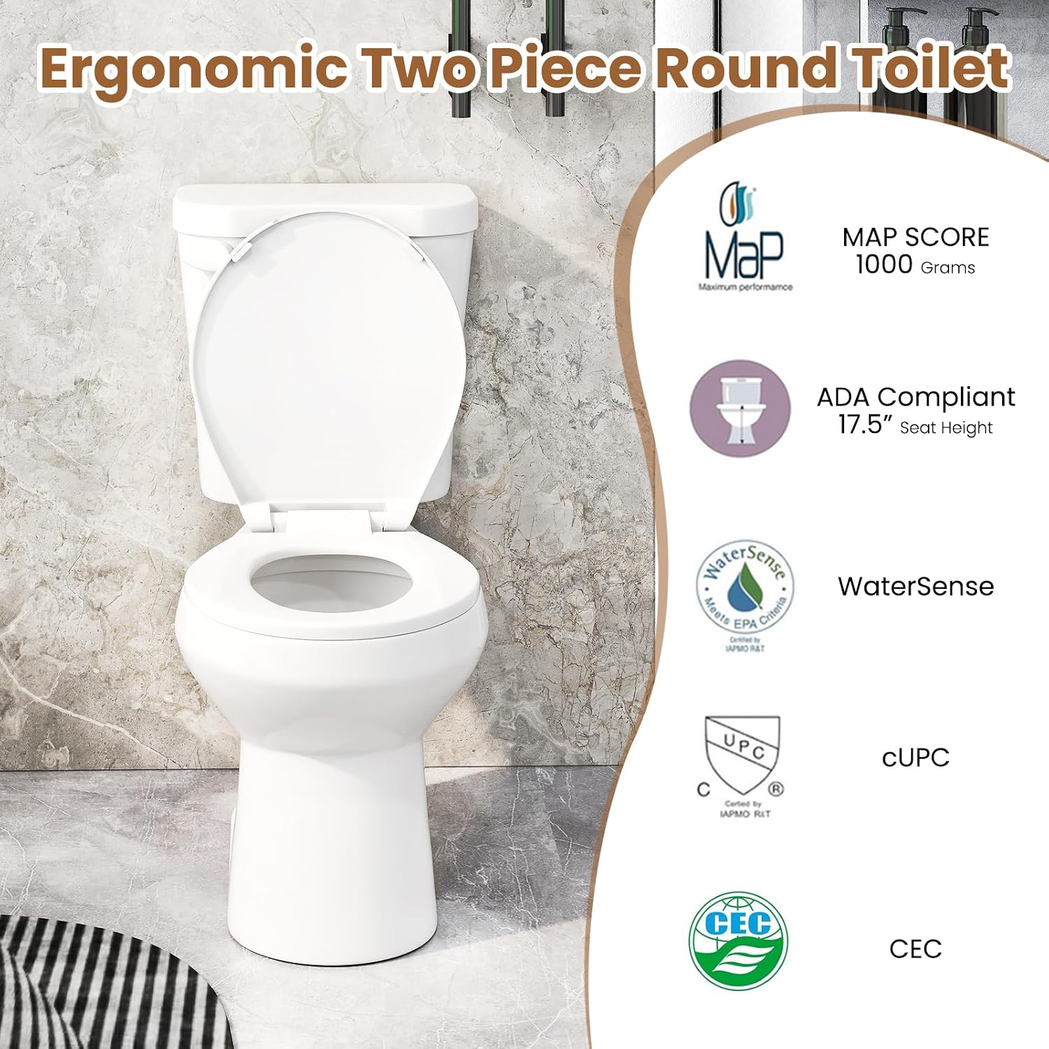 Giantex Two Piece Toilets with 17.5' ADA Comfort Height Seat, 360° Siphon Powerful Flush, 1.28 GPF, MAP 1000g, Soft Close Seat, 12' Rough-In, Water Sense, cUPC, CEC Approved, 880 Lbs Toilet