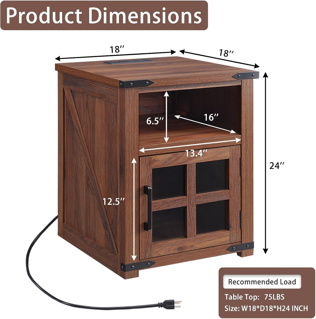 Barnyatoh Farmhouse Nightstand with Charging Station, Rustic End Table with Tempered Glass Barn Door, Wood Sofa Side Bedside Table with Open Storage Shelf for Living Room, Bedroom, Brown, 2 Pack