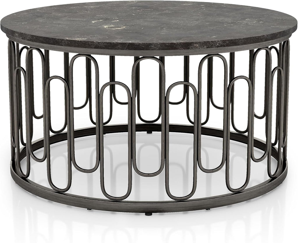 Furniture of America Davis Modern Round Coffee Table with Marble Top & Sturdy Metal Legs & Open Shelf for Living Room, Apartment, Small Space, Black