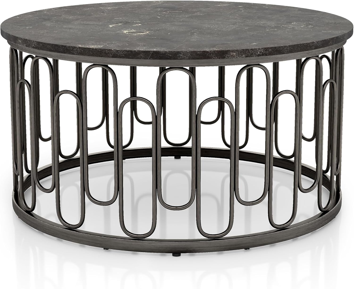 Furniture of America Davis Modern Round Coffee Table with Marble Top & Sturdy Metal Legs & Open Shelf for Living Room, Apartment, Small Space, Black