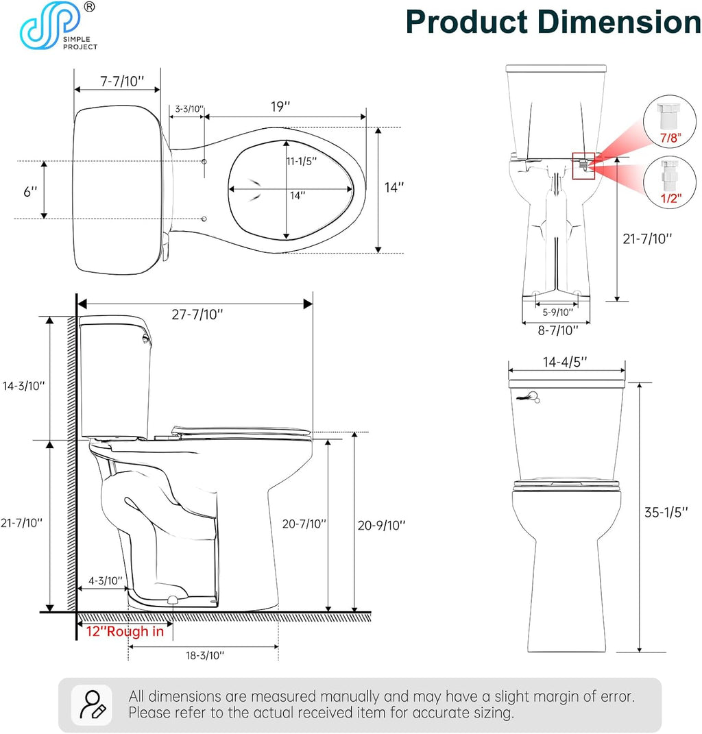 Simple Project 21' Elongated Extra Tall Toilets, Standard 12' Rough in Bathroom Toilet & Powerful Single Flush 1.28gpf High Toilet With Comfortable Soft Closing Seat, Ideal for Seniors, Handicap, Tall