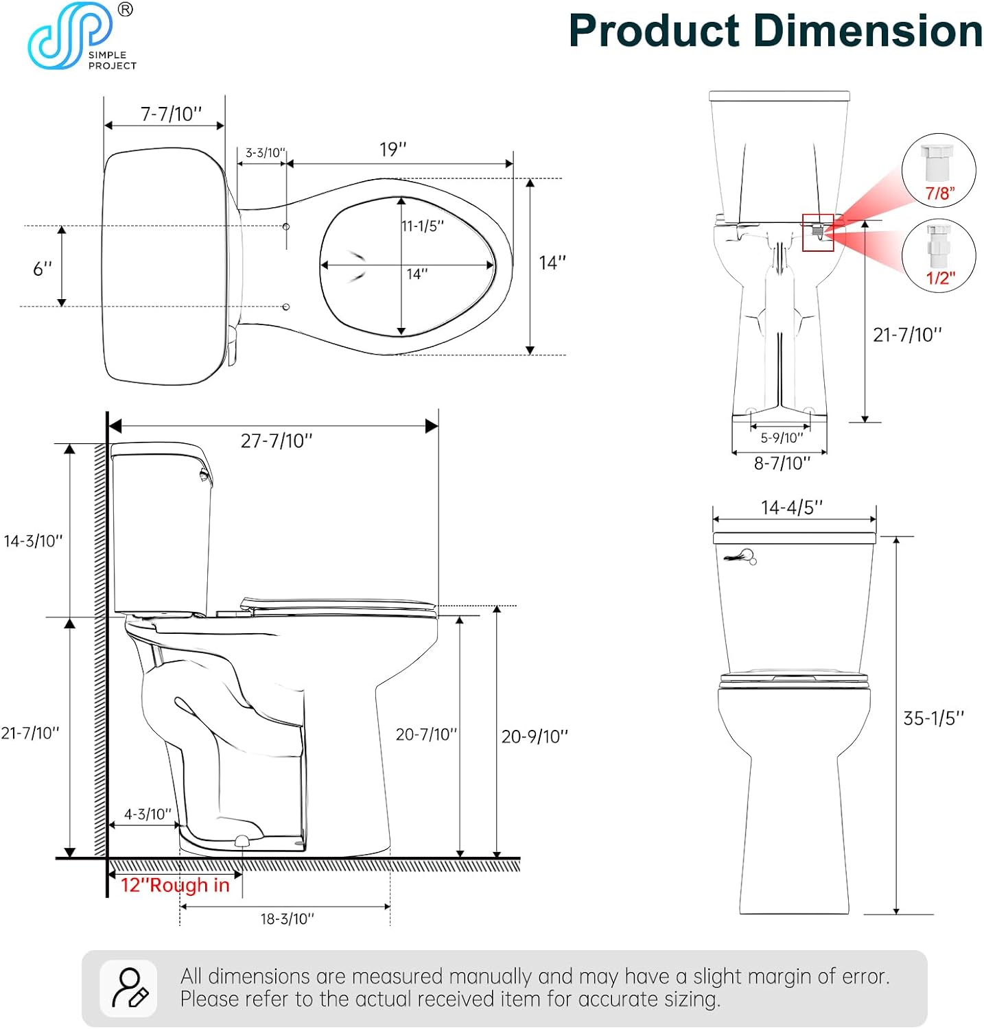 Simple Project 21' Elongated Extra Tall Toilets, Standard 12' Rough in Bathroom Toilet & Powerful Single Flush 1.28gpf High Toilet With Comfortable Soft Closing Seat, Ideal for Seniors, Handicap, Tall