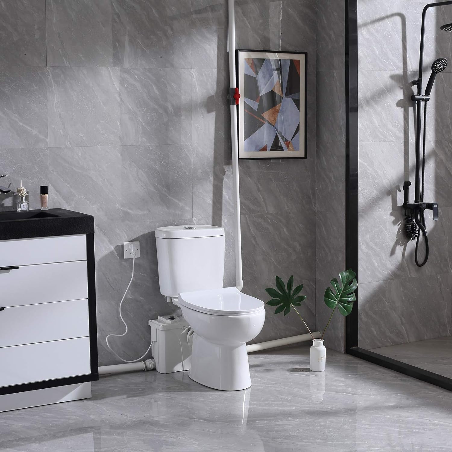 Macerating Toilet with Pump,Compact Two-piece Toilet for Basement for Laundry Sink Shower Included Macerator Pump, Dual-flush Water Tank, Toilet Bowl, Seat Cover, 30ft Vertically Upflush