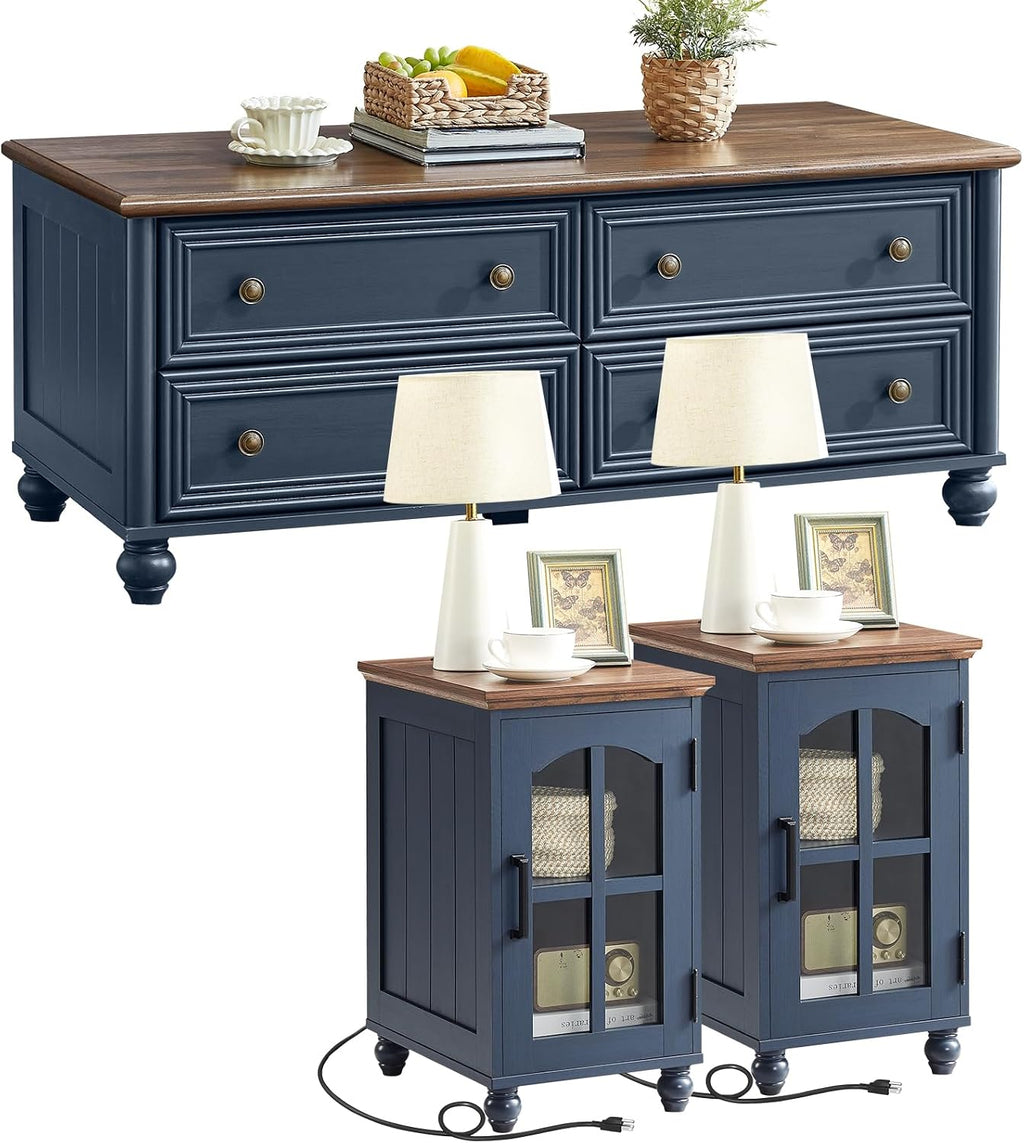 RWYHG Farmhouse Coffee and end Tables 3-Piece Set,Wood 48' Center Table with 4 Drawers,Large Sofa Side Table with Charging Station & with Glass Barn Door Storage for Home Living Room Hallway,Blue