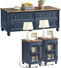 RWYHG Farmhouse Coffee and end Tables 3-Piece Set,Wood 48' Center Table with 4 Drawers,Large Sofa Side Table with Charging Station & with Glass Barn Door Storage for Home Living Room Hallway,Blue