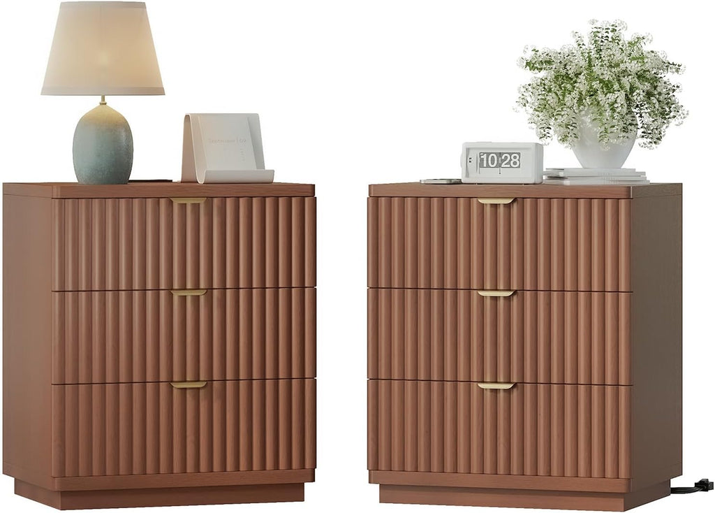 Nightstands Set of 2, Nightstand with Charging Station & 3 Drawers Storage Bedside Table Large Fluted Bed Side End Table, Modern Nightstand for Bedroom Living Room (Walmut)
