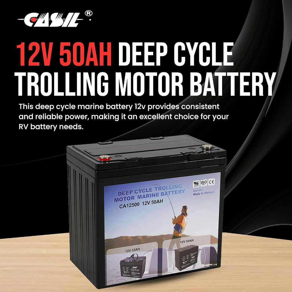 Casil 2 Pack 12V 50Ah Deep Cycle AGM Solar Battery Marine Battery Trolling Motor Battery for RV Minn Kota Electric Wheelchair Pride Motorized Wheelchair Electric Boat Motor and Solar Applications