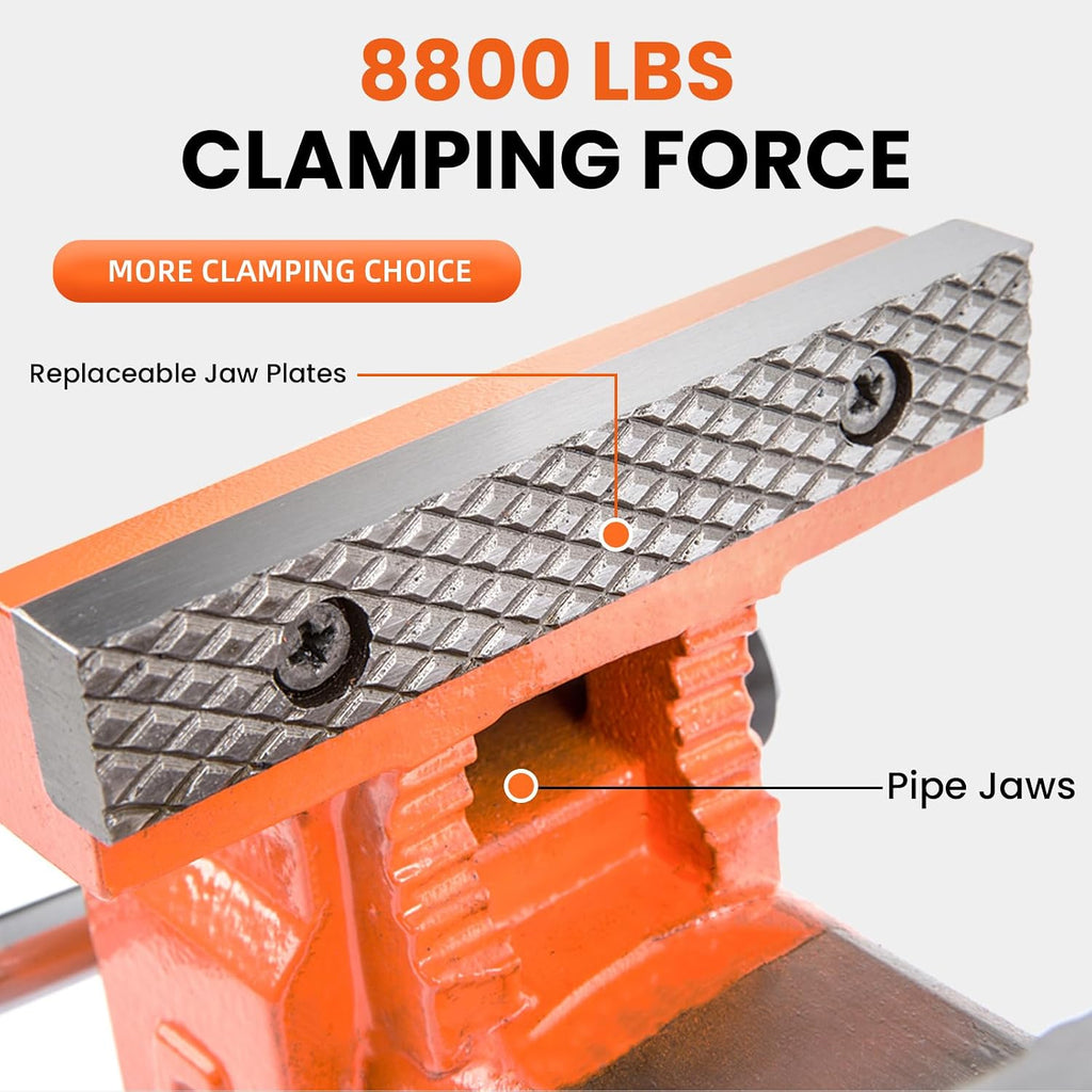 Forward Bench Vise 8 Inch Ductile Iron Bench Vice with 360 Degree Swivel Base and Channel Steel Guide Bar 30808 (8')