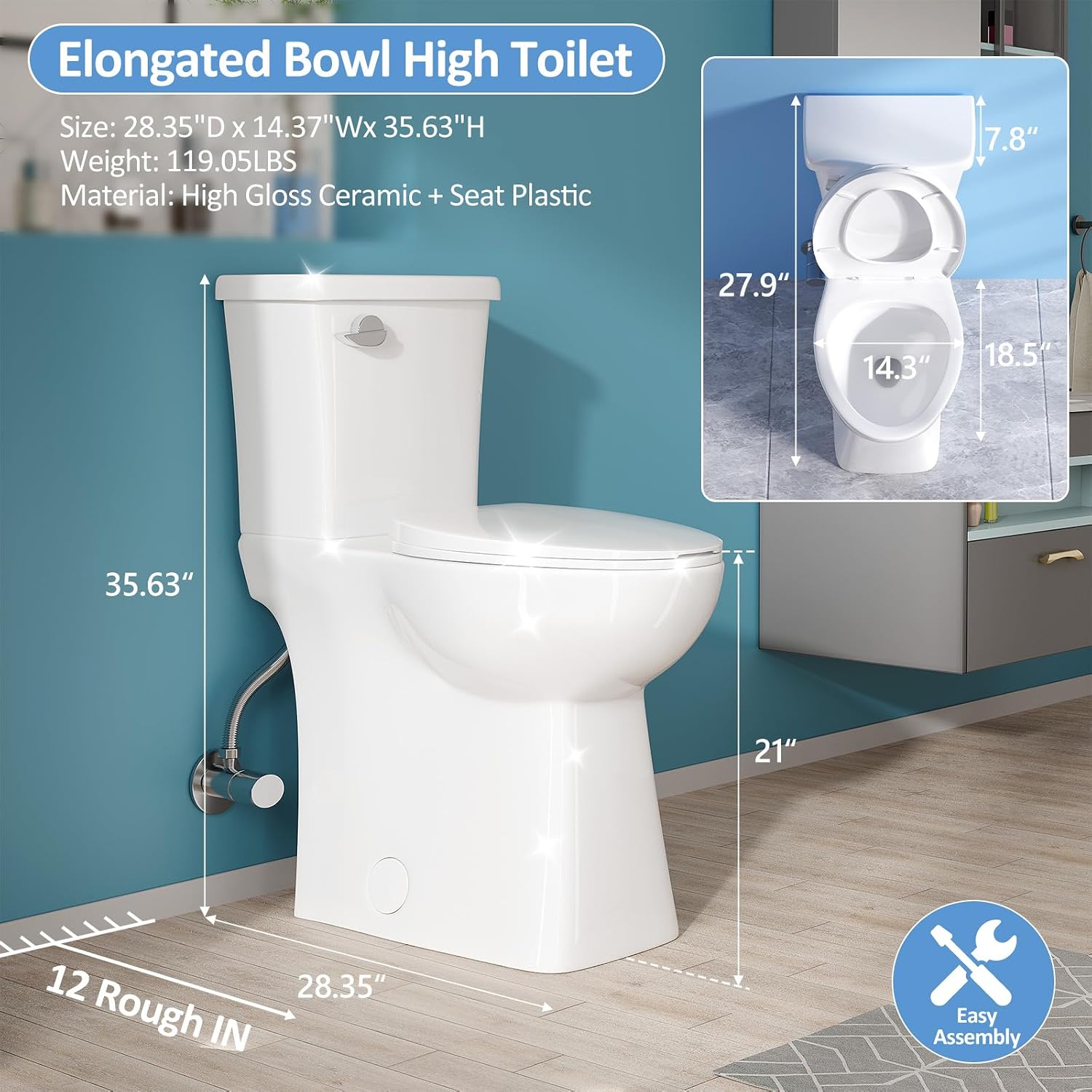 Simple Project 21 inch Tall Toilets for Seniors, Handicap, Tall Person | 12' Rough in Elongated Toilet & Powerful Single Flush 1.28GPF, Extra High Toilet with Soft Closing Seat