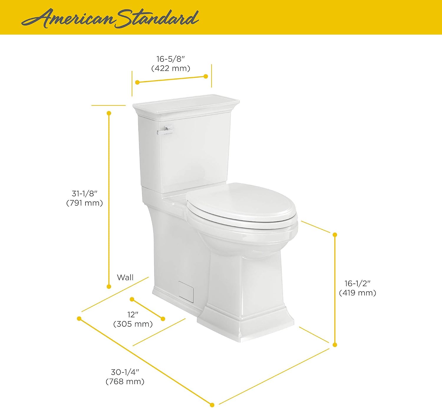 American Standard 281AA104.020 Two-Piece Town Square S Toilet with Seat, Elongated Front, Chair Height, White, 1.28 GPF