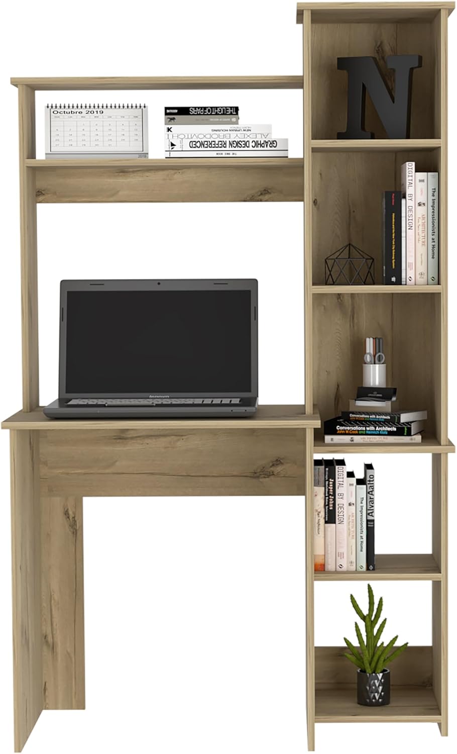 Tuhome Versalles Writing Desk with Two Superior Shelves, Five Side Open Storage Compartments, Space-Saving Modern Workstation Design for Studios and Offices, Ideal for Organization, Books