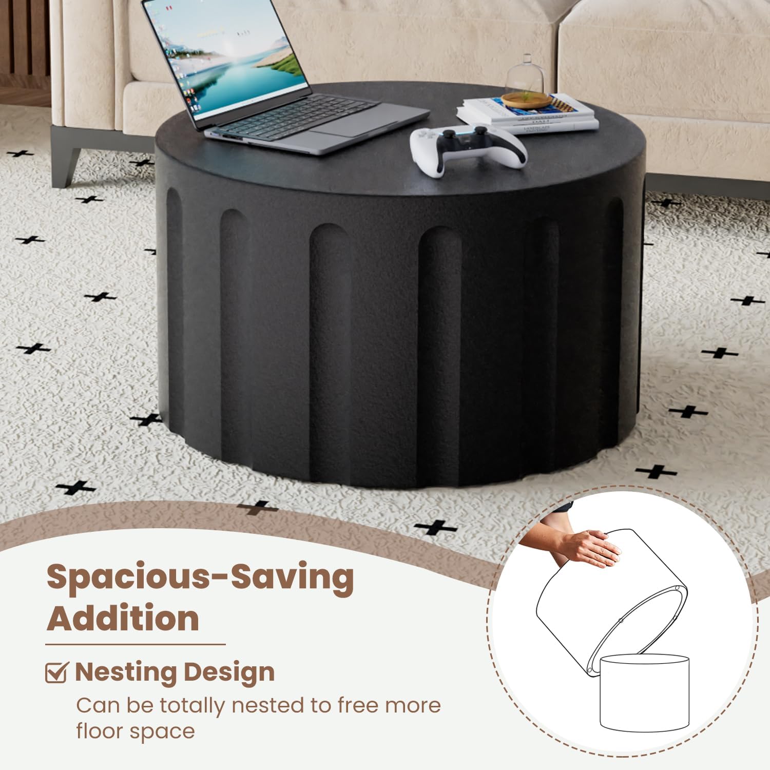 Fluted Round Nesting Coffee Table Set of 2, Modern Unique Circle Coffee Table, Drum Side Tea Table, Space-Saving for Living Room, Bedroom, Balcony, Office, No Assembly (26.77'+19.69' Black B)
