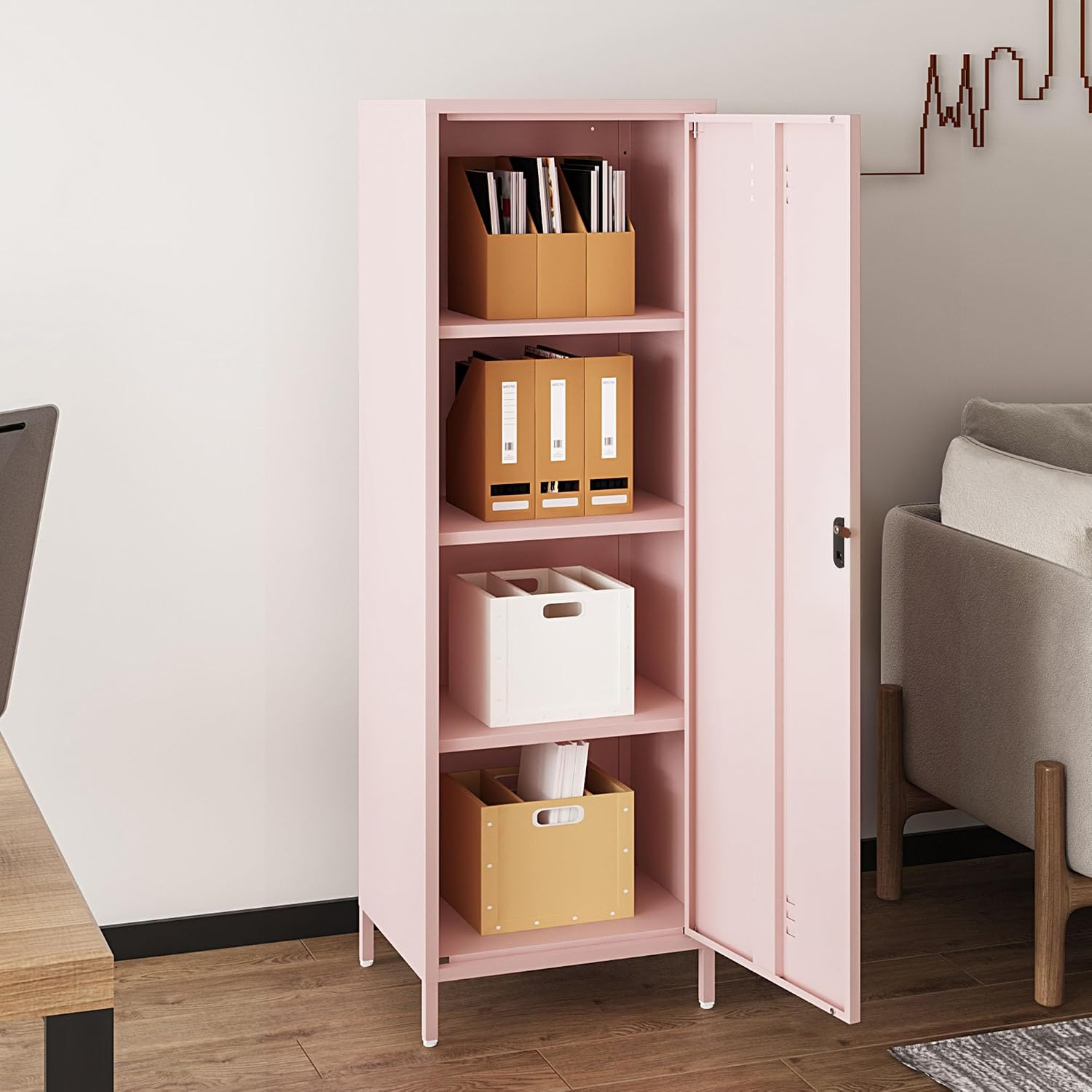 Steehoom Metal Storage Cabinet for Employees, Lockable File Cabinet, Utility Tall Cabinet Pink Locker with 3 Shelves for School, Office, Garage, Entryway (Pink, H59.06'')