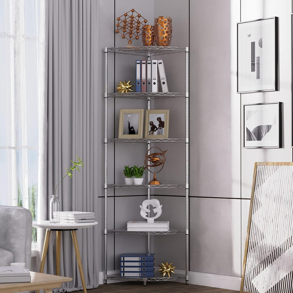 NSF 6-Tier Metal Corner Shelf Wire Shelving Unit - 420 lbs Capacity, Adjustable, with leveling feet & Waterproof Shelf Liners - Ideal for Garage, Kitchen, and More - 72' H x 18' L x 18' D - Chrome