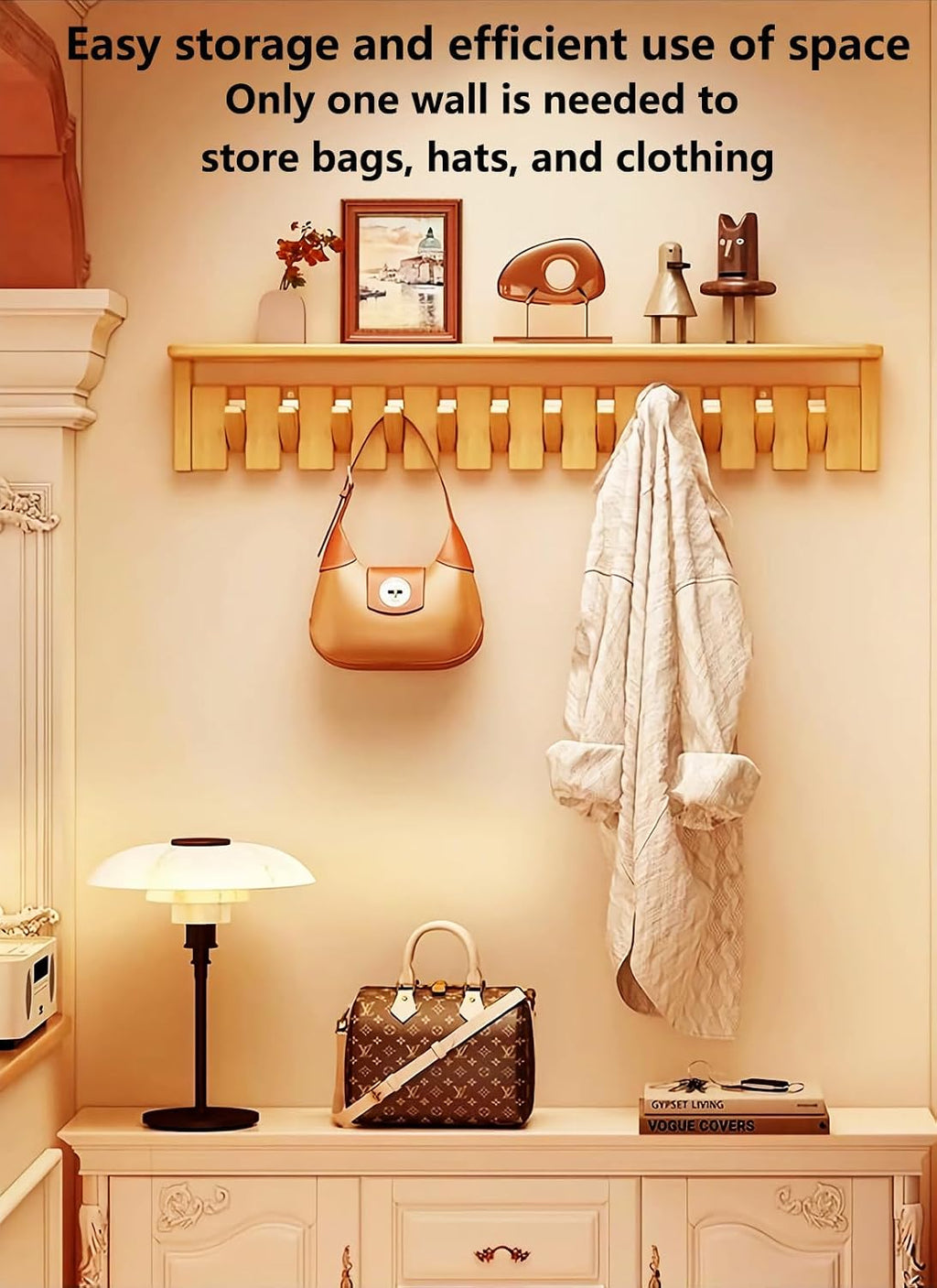 Wall Mounted Piano Key Hanger | Flip Style Hook | Entrance Wall Art Hook, Made of Oak Wood (3 Times Painted, 4 Times Polished) (Tray Walnut, 8Hooks)