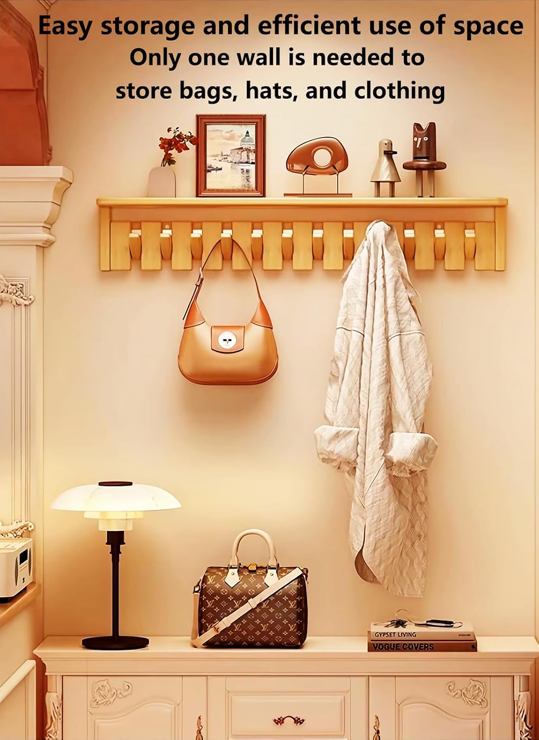 Wall Mounted Piano Key Hanger | Flip Style Hook | Entrance Wall Art Hook, Made of Oak Wood (3 Times Painted, 4 Times Polished) (Tray Walnut, 8Hooks)