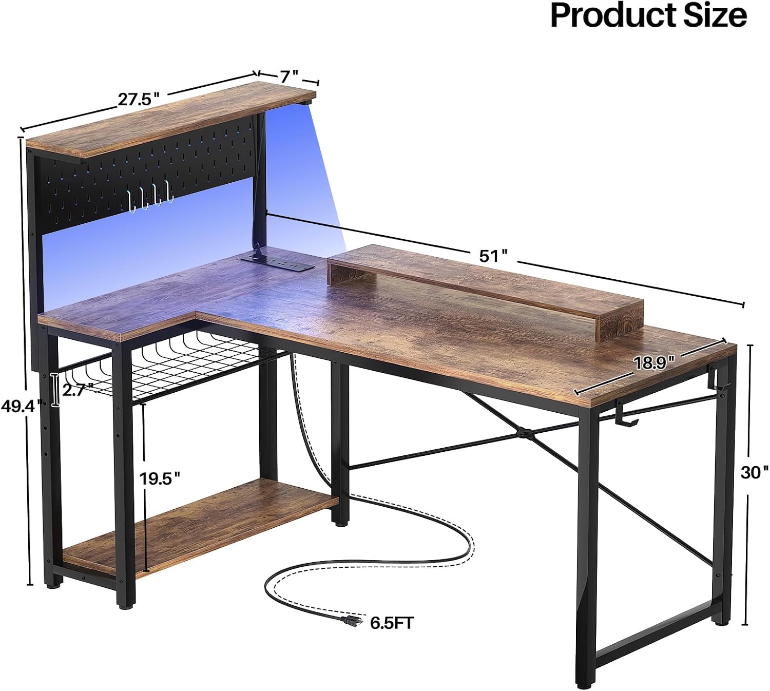 Homieasy Small Gaming Desk with Power Outlets Pegboard LED Light, 51 Inch L Shaped Computer Desk with Monitor Stand Storage Shelves, Reversible Corner Desk with Headset Hooks, Rustic Brown