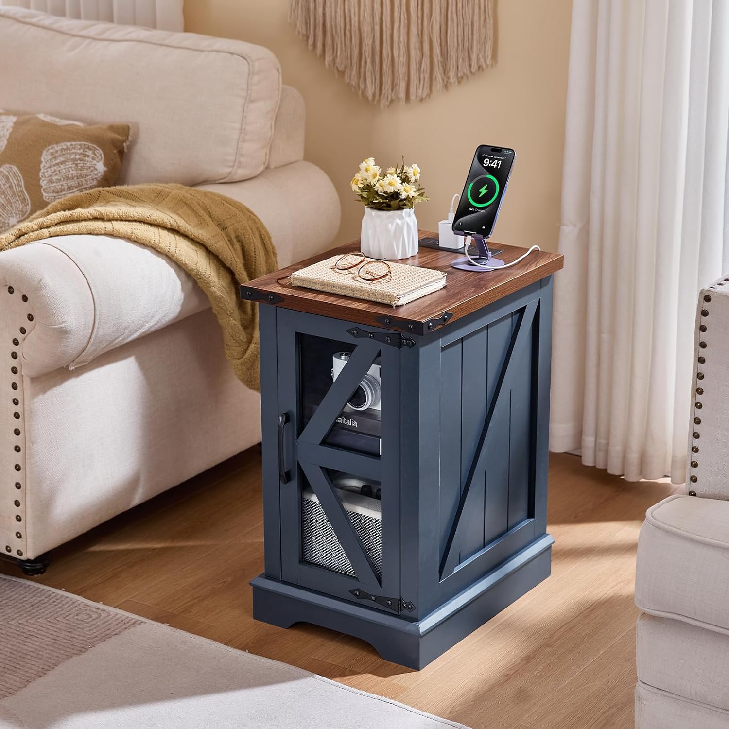Joaxswe End Tables Living Room Set 3 with Charger Station, Farmhouse 18'' Narrow Night Stand and 24' Square Side Table with Glass Barn Door Storage, Wood Nightstand Bedside Tables for Bedroom Office