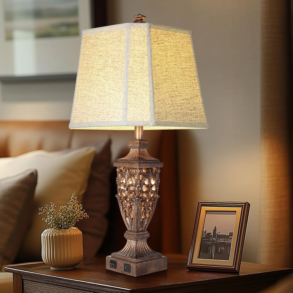 28.5' Vintage Bronze Table Lamps Set Of 2 with Night Light,Lamps for Nightstand with Beige Linen Cut Corner Shade,Bedside Lamp with USB A+C Ports for Bedrooms,Living Room,Office,Hotel(Bulb Included)