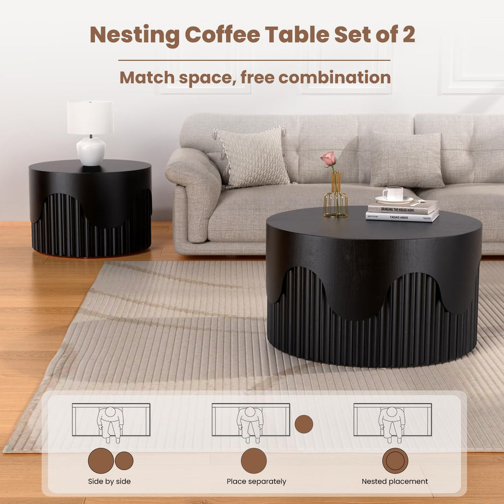 Fluted Round Nesting Coffee Table Set of 2, Modern Unique Circle Coffee Table, Drum Side Tea Table, Space-Saving for Living Room, Bedroom, Balcony, Office, No Assembly (26.77'+19.69' Black A)