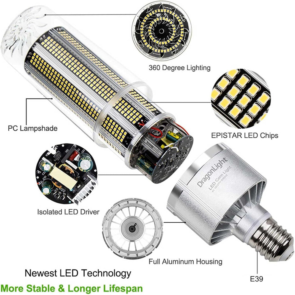 DragonLight 240W Commercial Grade Corn LED Light Bulb (1000 Watt Metal Halide/HID/HPS Replacement) E39 Large Mogul Base LED Lamp 5000K Daylight 32,400 LM for High Bay Area Lighting