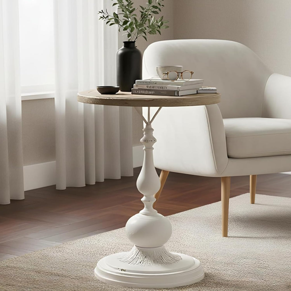 Round Side Table Living Room, Vintage End Table, French Country Round Table with Cedar Wood Accent Table for Bedroom, Entryway, Home Decor White