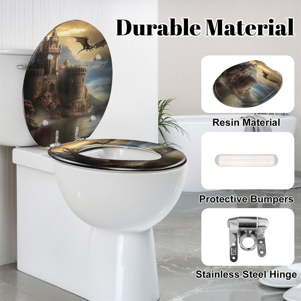 Round Toilet Seat Fantasy castle dragon Resin Toilet Seat Slow Quiet Close Lid with Quick-Release Hinges Cover Bumpers Easy to Clean Install