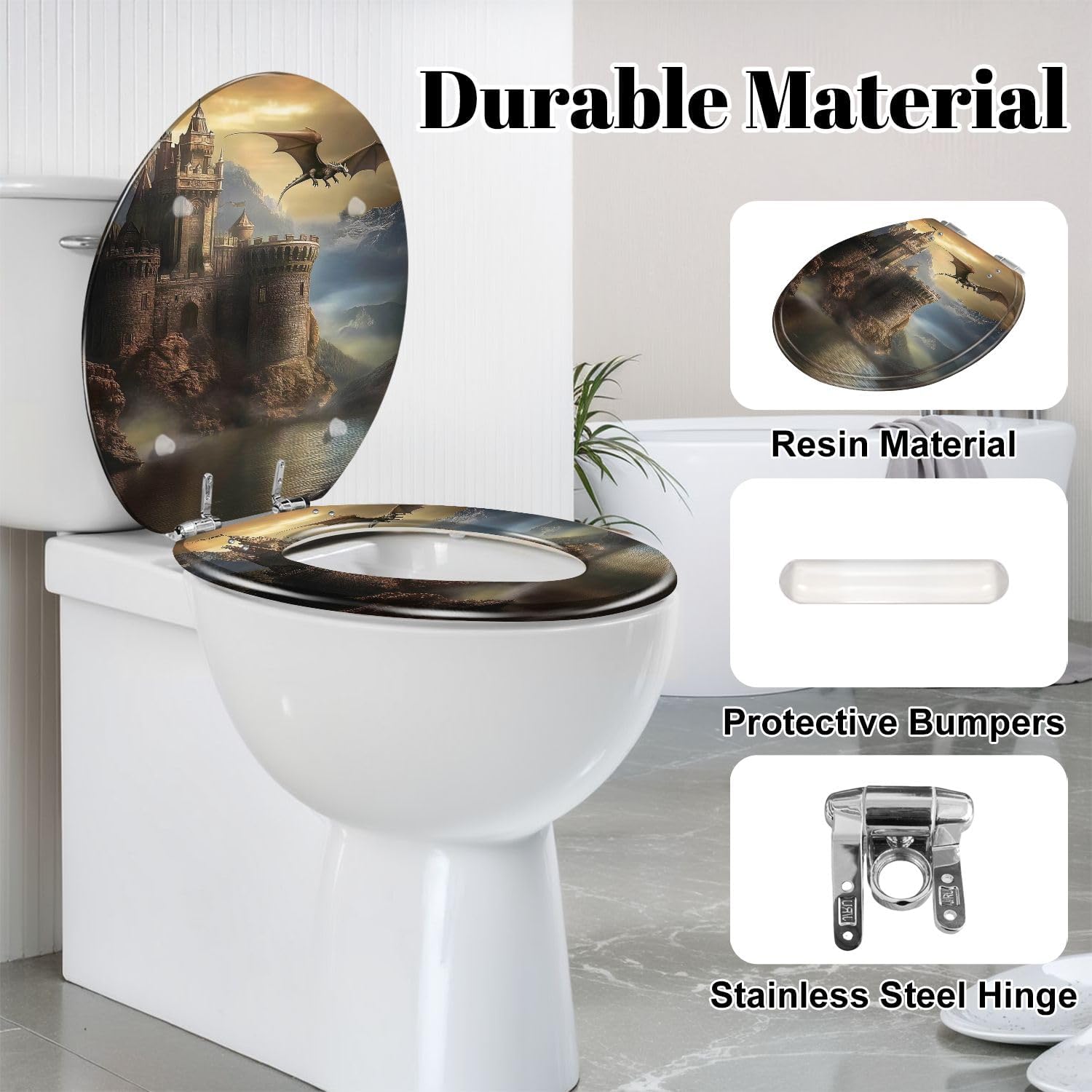 Round Toilet Seat Fantasy castle dragon Resin Toilet Seat Slow Quiet Close Lid with Quick-Release Hinges Cover Bumpers Easy to Clean Install