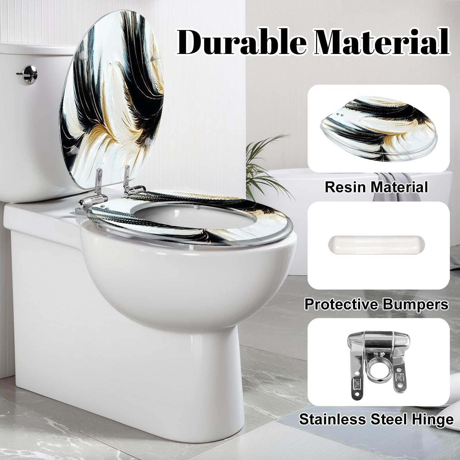Elongated Toilet Seat luxury black white golden feathers Resin Toilet Seat Slow Quiet Close Lid with Quick-Release Hinges Cover Bumpers Easy to Clean Install