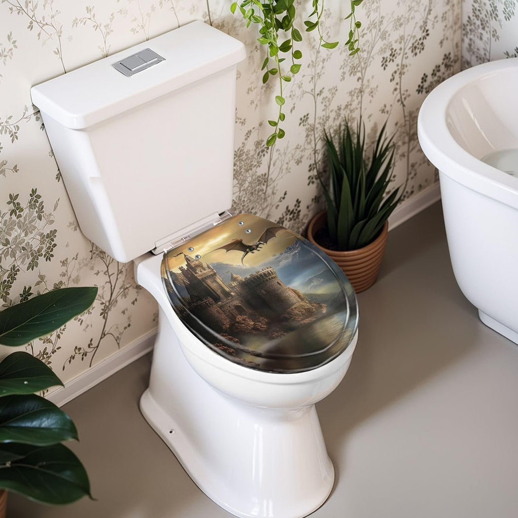 Round Toilet Seat Fantasy castle dragon Resin Toilet Seat Slow Quiet Close Lid with Quick-Release Hinges Cover Bumpers Easy to Clean Install