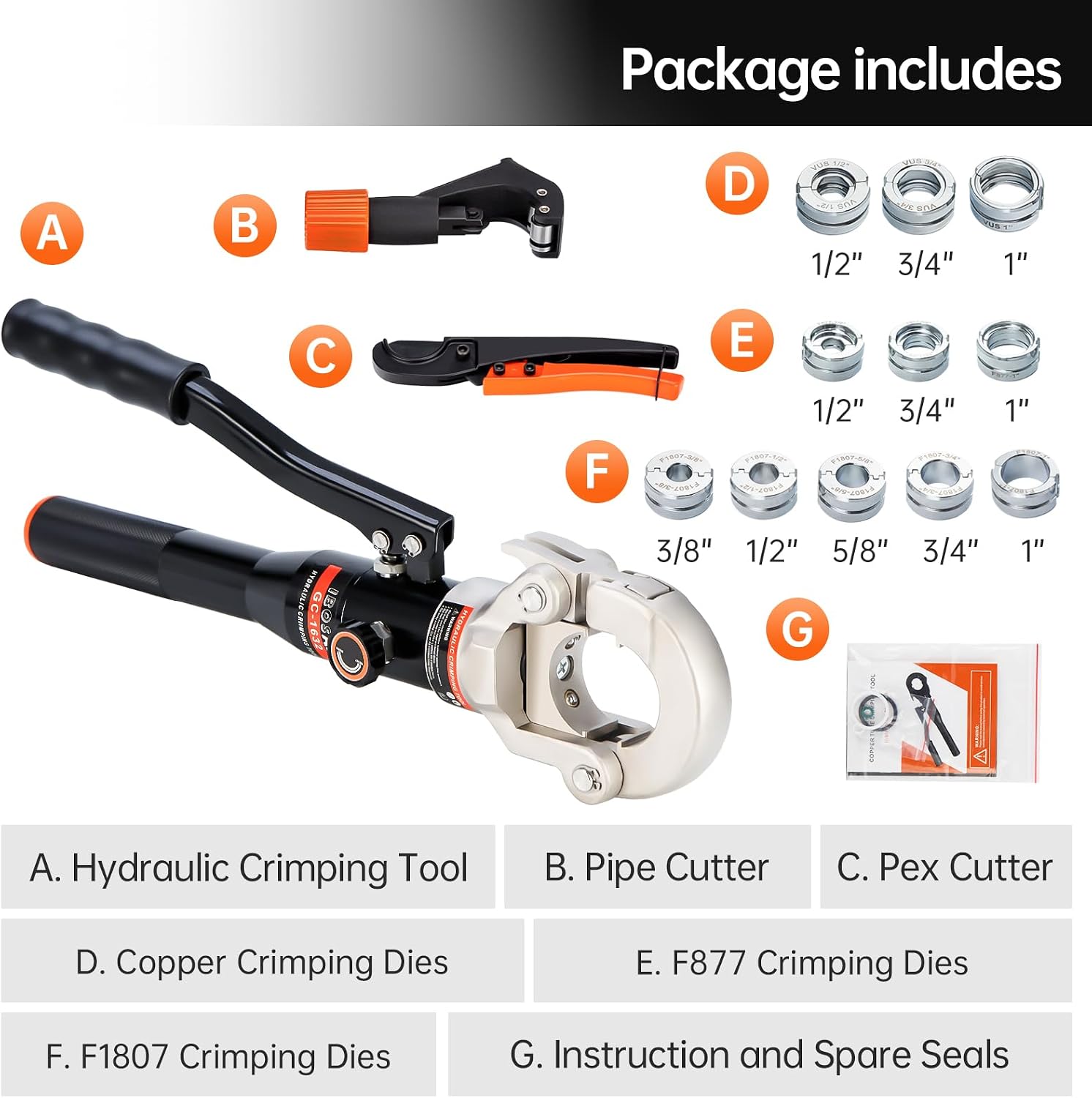 Hydraulic Copper Pipe Tube Fittings Crimping Tool with1/2,3/4,1' Dies for Copper Pipe and F877 Stainless PEX Press Sleeves,3/8',1/2',5/8',3/4',1' Dies for ASTM F1807 Pex Pipe Copper Ring