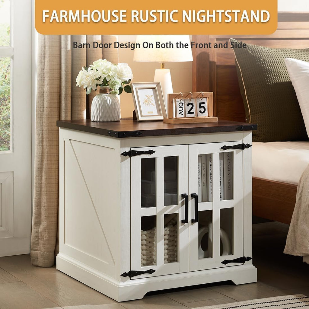Barnyatoh Farmhouse End Table with Charging Station,24' Large Sofa Side Table with Glass Barn Door, Rustic Wood Nightstand Bedside Table with Adjustable Storage Shelf for Living Room, Bedroom,White