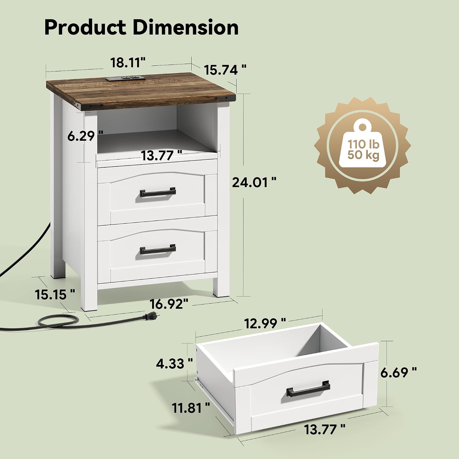 Decofy Farmhouse Nightstand Set of 2 with Charging Station, 18'' Wide Rustic End Table with USB/Type-C Ports, 2 Drawers & Open Shelf, Wood Bedside Table for Bedroom, White