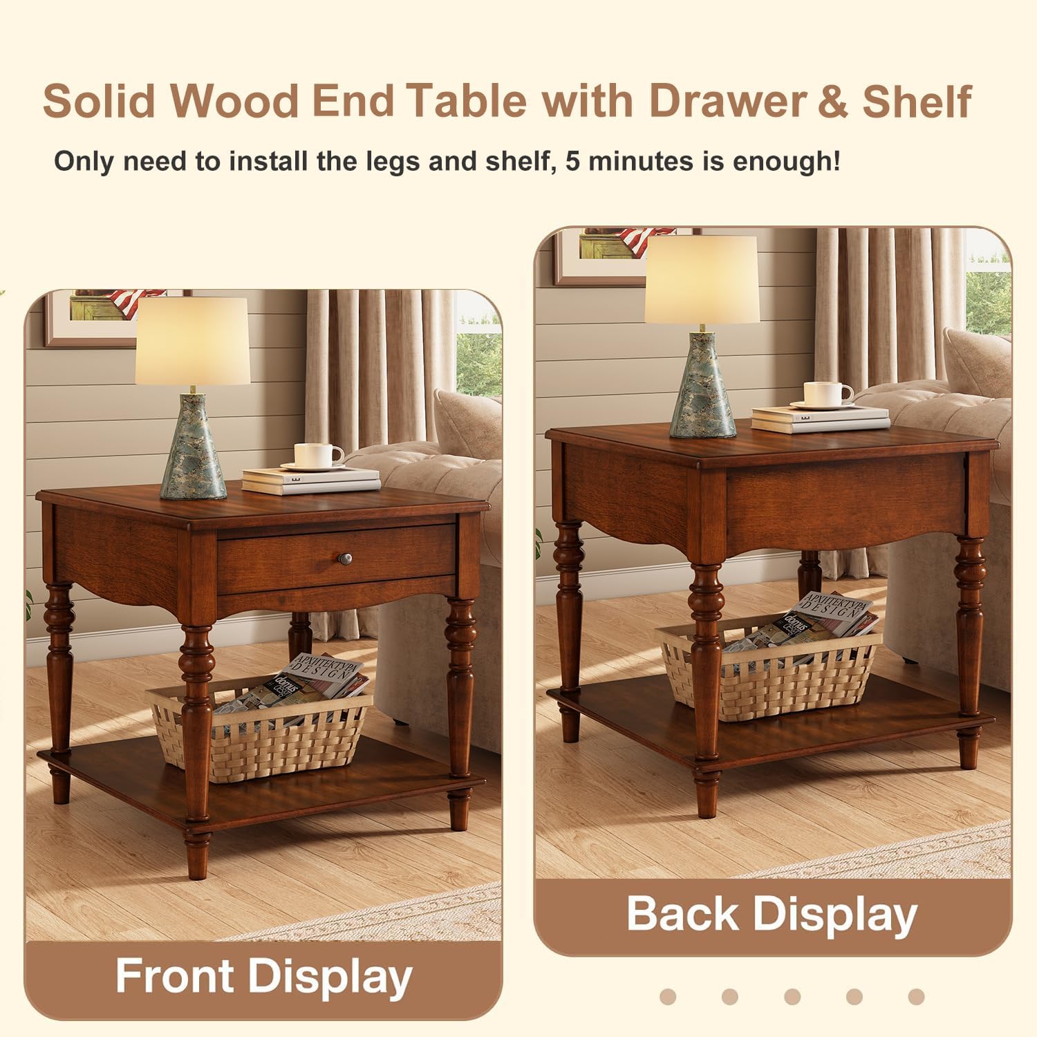 PADMA HOUSE Solid Wood End Table with Drawer & Storage Shelf, 24' H Square Sofa Side Table with Natural Wood Grain Tabletop, Apartment Bedside Table with Turned Legs for Home Office, 22.83 * 24in